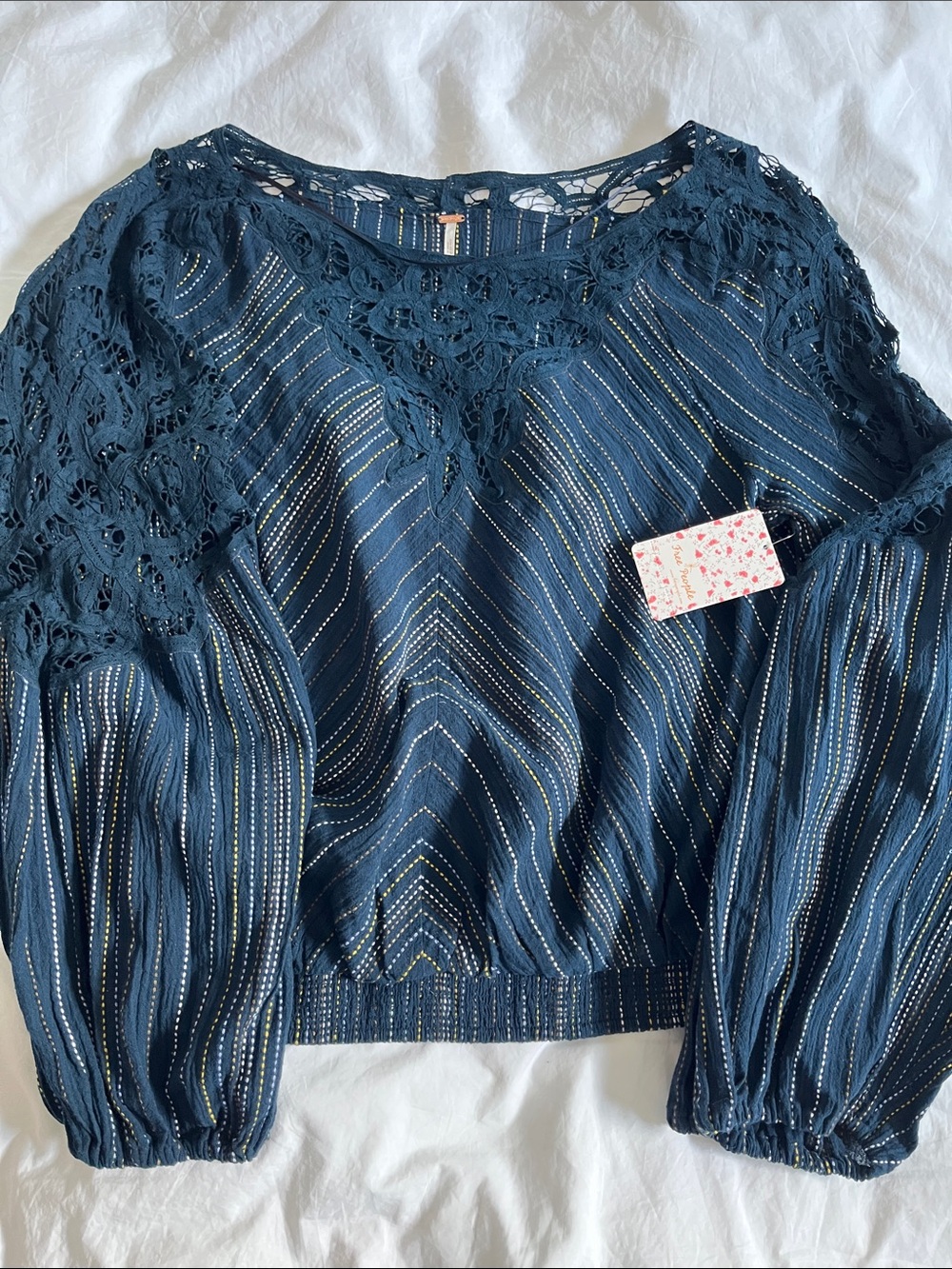 NWT Free People Floating Memories Pullover blouse eyelet lacework blue stripe